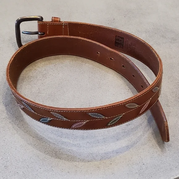 Vintage GAP Leather Leaf Inlay Belt, Saddle Brown, Brass Buckle, Medium, EUC - Picture 7 of 14